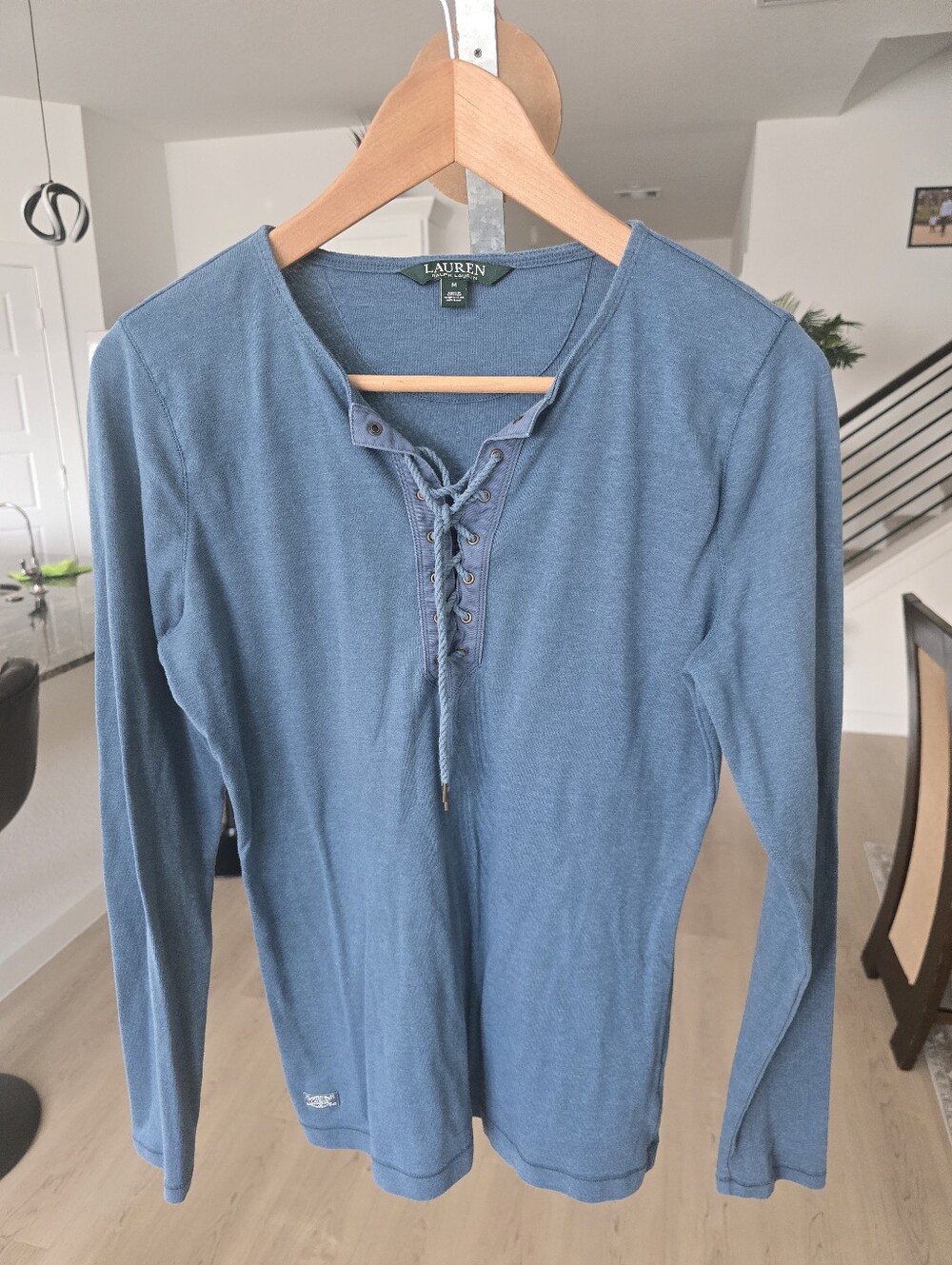 Lauren Ralph Lauren Blue Lace-Up Knit Top Women Sz M Long Sleeve Shirt Y2k Layer